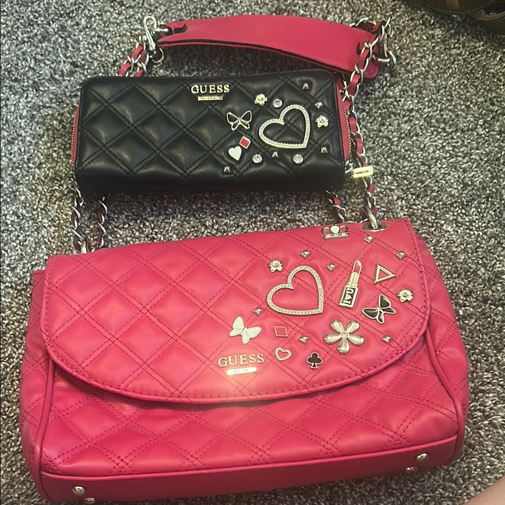 Guess Pink and Black Quilted Shoulder Bags